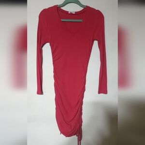 Red Long Sleeve Ruched Dress